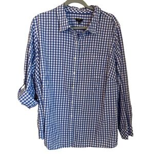Talbots Size 24W Blue White Gingham Check Roll Tab Button Up Cotton Shirt